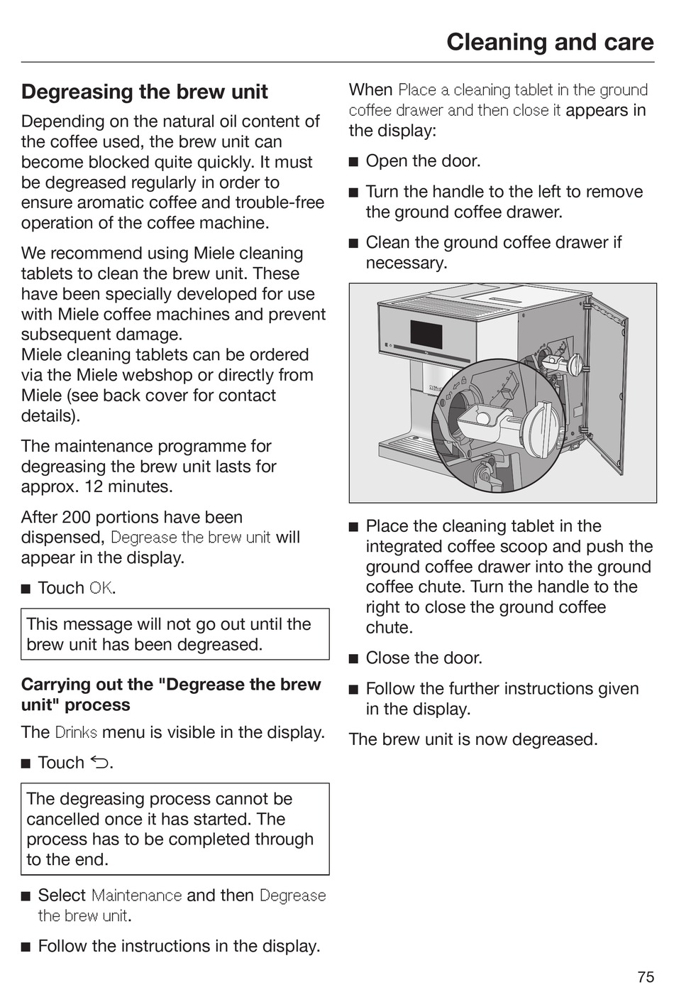 Degreasing The cm7500 Brew Unit - Miele CM 7500 Operating Instructions