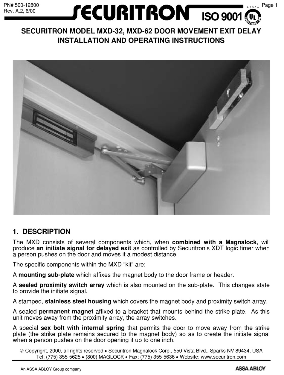 SECURITRON MXD62 INSTALLATION AND OPERATING INSTRUCTIONS MANUAL Pdf