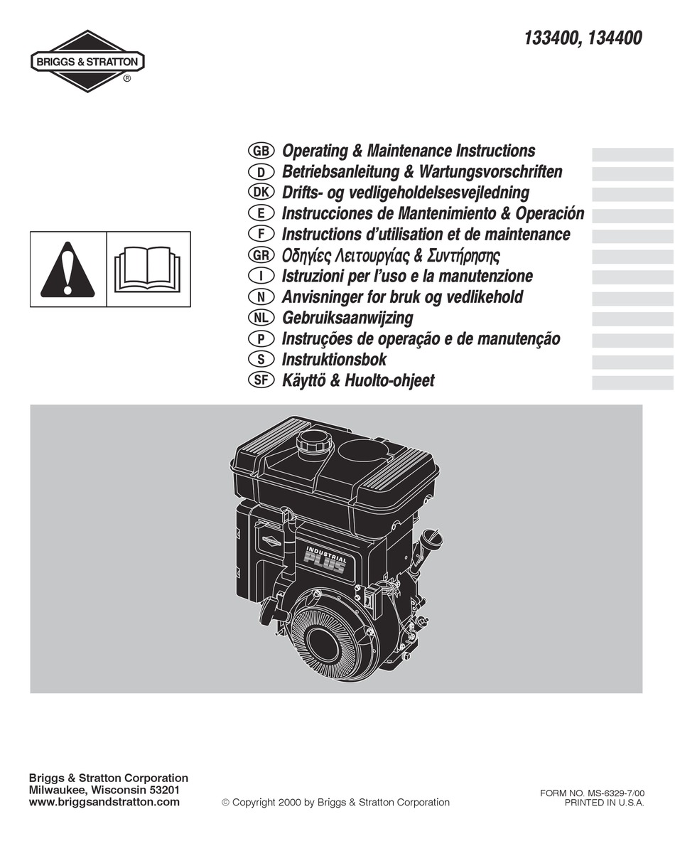 BRIGGS & STRATTON 133400 OPERATING & MAINTENANCE INSTRUCTIONS Pdf ...