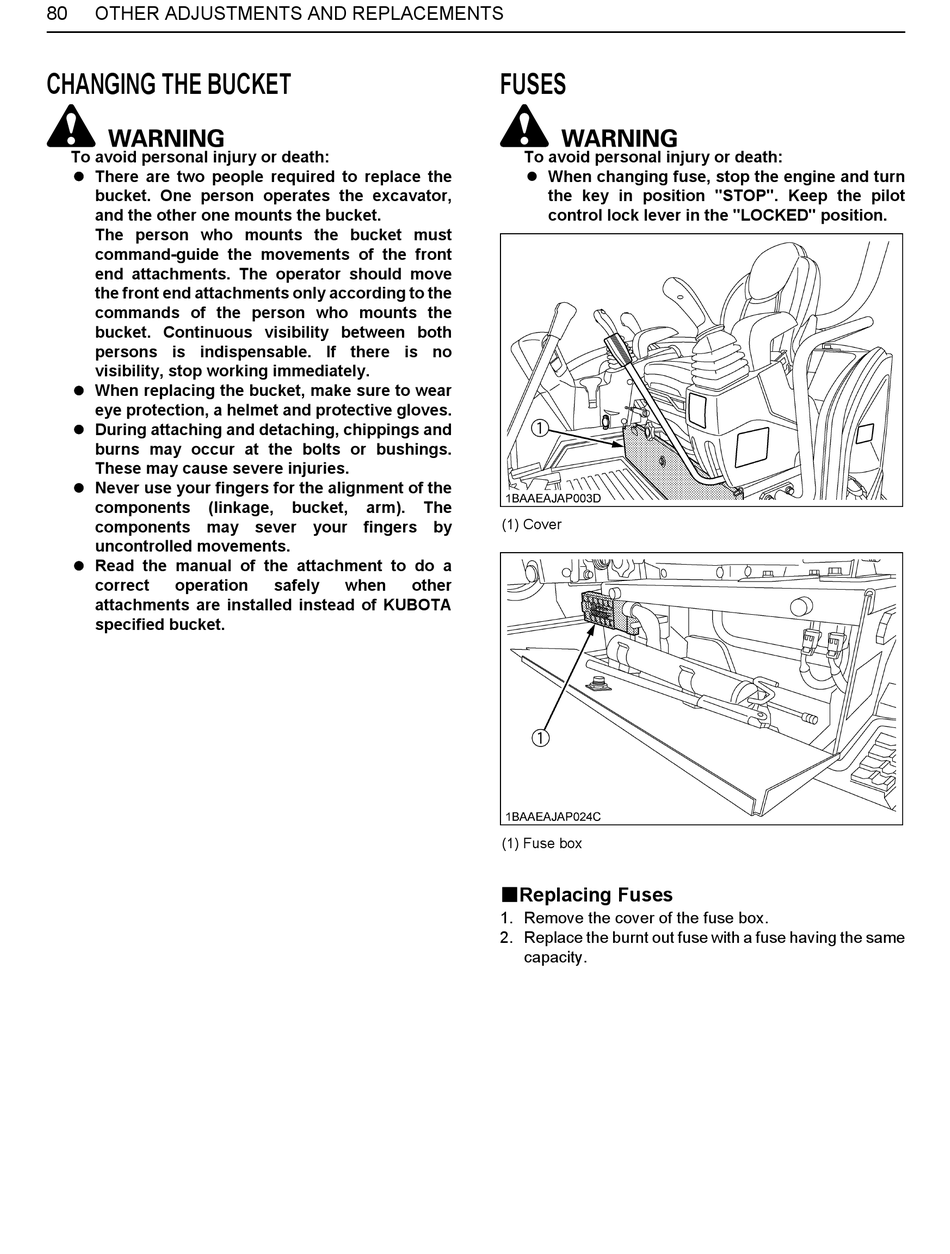 Subordinar Inminente Sabueso Changing The Bucket; Fuses; Replacing Fuses - Kubota U35-4 Operator's  Manual [Page 102] | ManualsLib