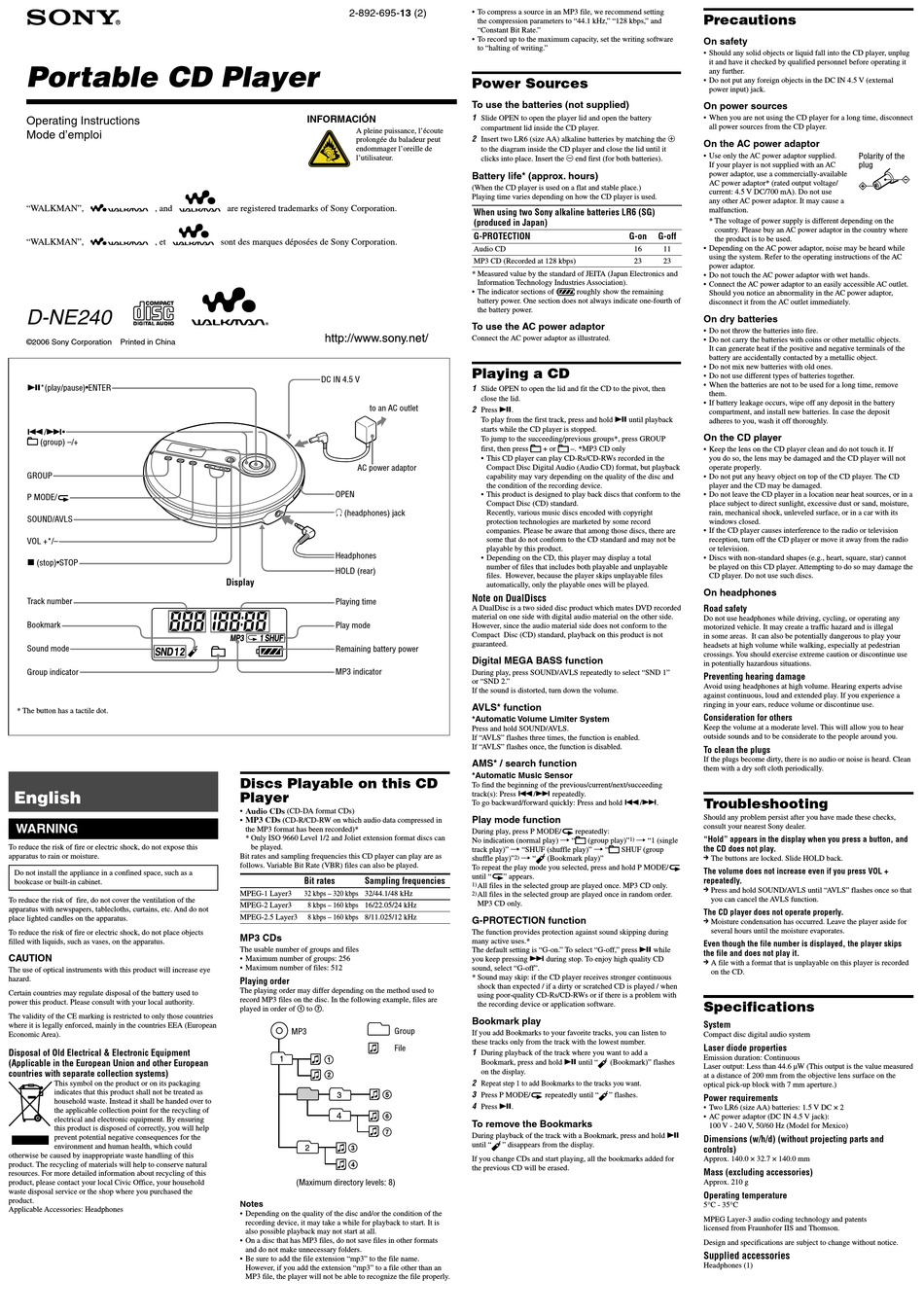 SONY WALKMAN D-NE240 OPERATING INSTRUCTIONS Pdf Download | ManualsLib