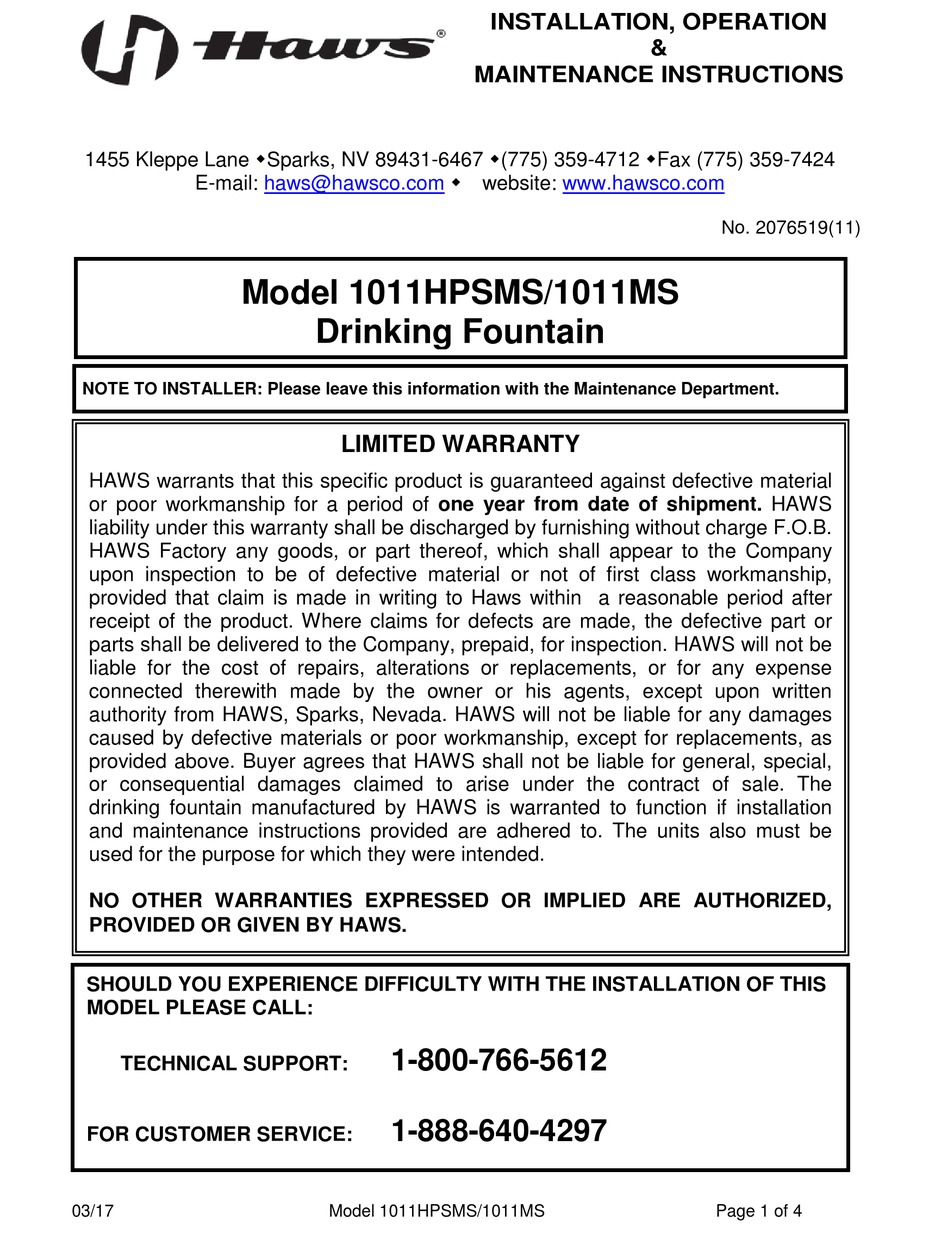HAWS 1011HPSMS INSTALLATION, OPERATION AND MAINTANANCE Pdf Download