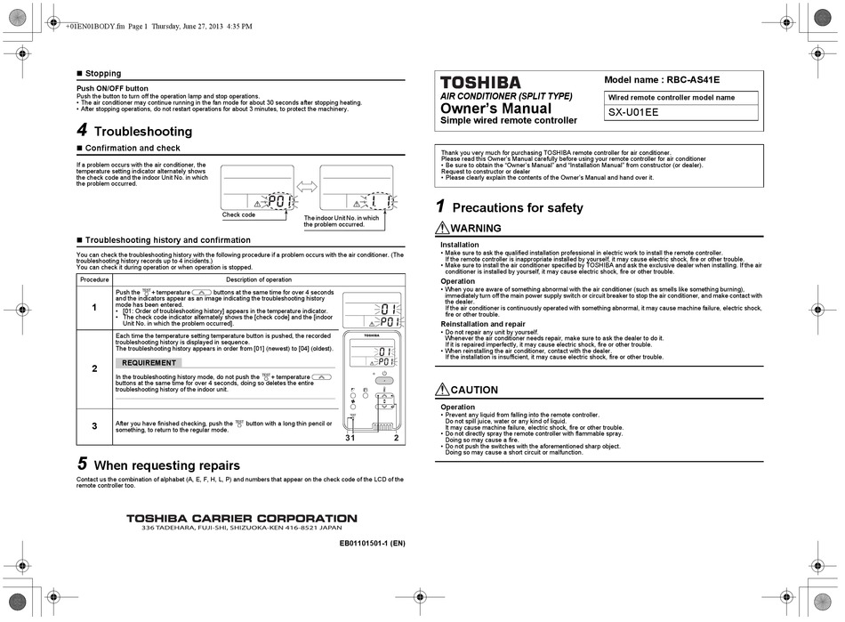 Toshiba RB-RXS33-E Wireless Infrarrojos Remote Controller User Manual