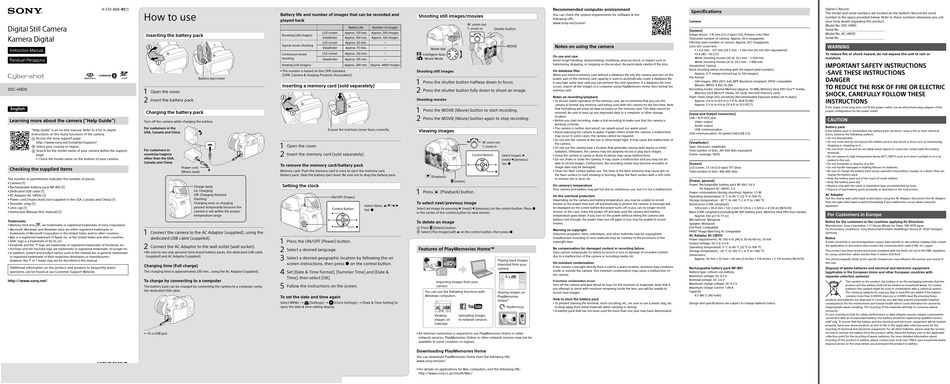 SONY CYBER-SHOT DSC-H400 INSTRUCTION MANUAL Pdf Download | ManualsLib