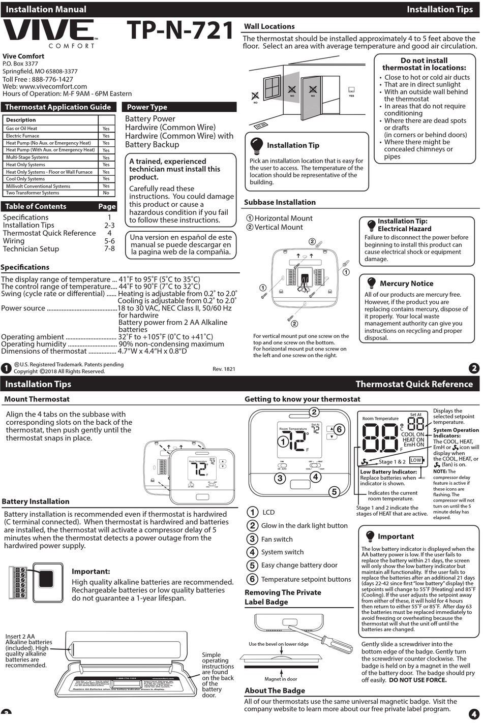 Vive Thermostat Tp-n-701 Manual