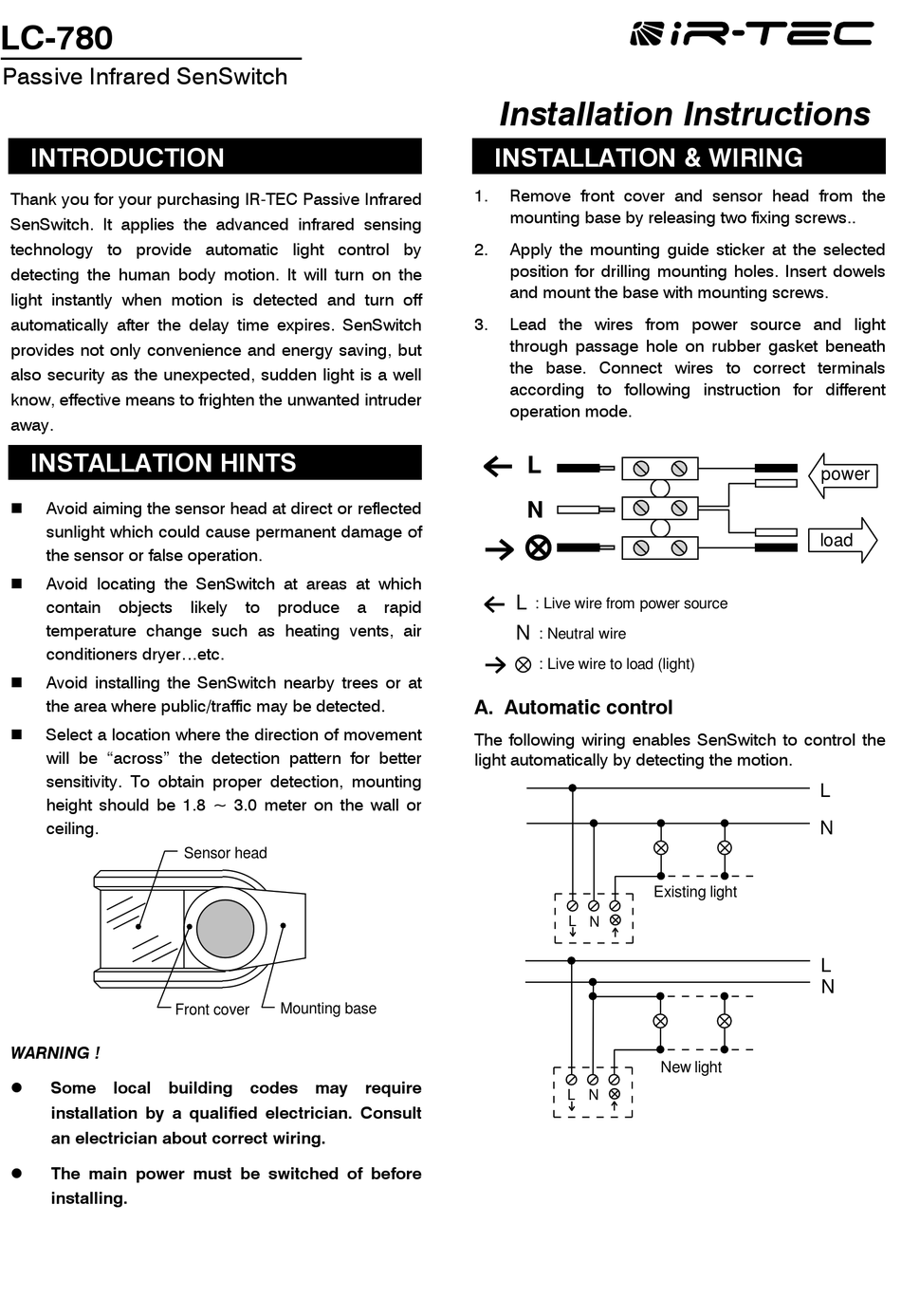 IR-TEC LC-780 INSTALLATION INSTRUCTIONS Pdf Download | ManualsLib