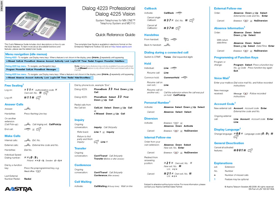 AASTRA DIALOG 4223 PROFESSIONAL QUICK REFERENCE MANUAL Pdf Download ...