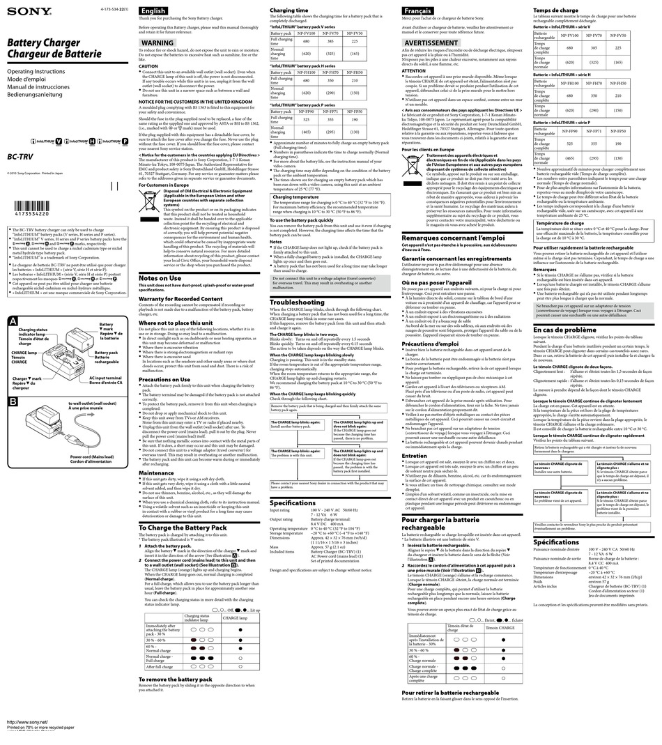 SONY BC-TRV OPERATING INSTRUCTIONS Pdf Download | ManualsLib