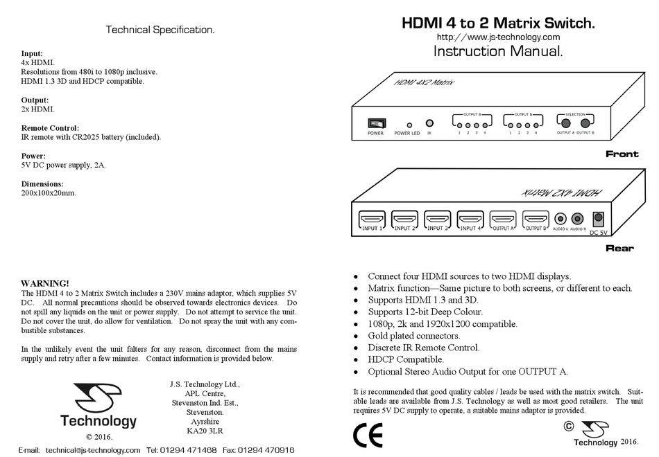 TECHNOLOGY HDMI 4 TO 2 MATRIX SWITCH INSTRUCTION MANUAL Pdf Download ...