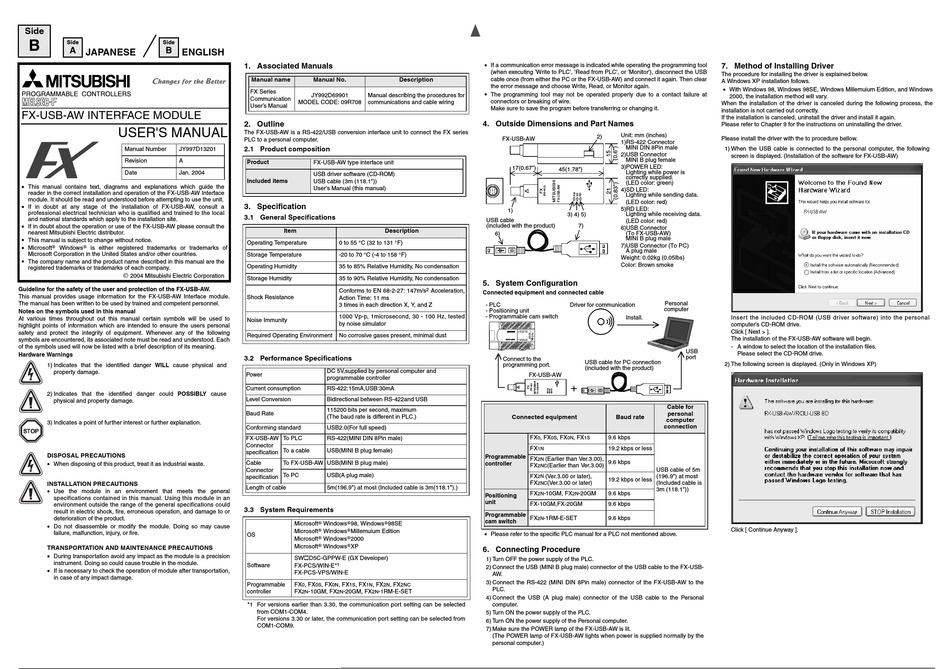 MITSUBISHI ELECTRIC FX-USB-AW USER MANUAL Pdf Download | ManualsLib