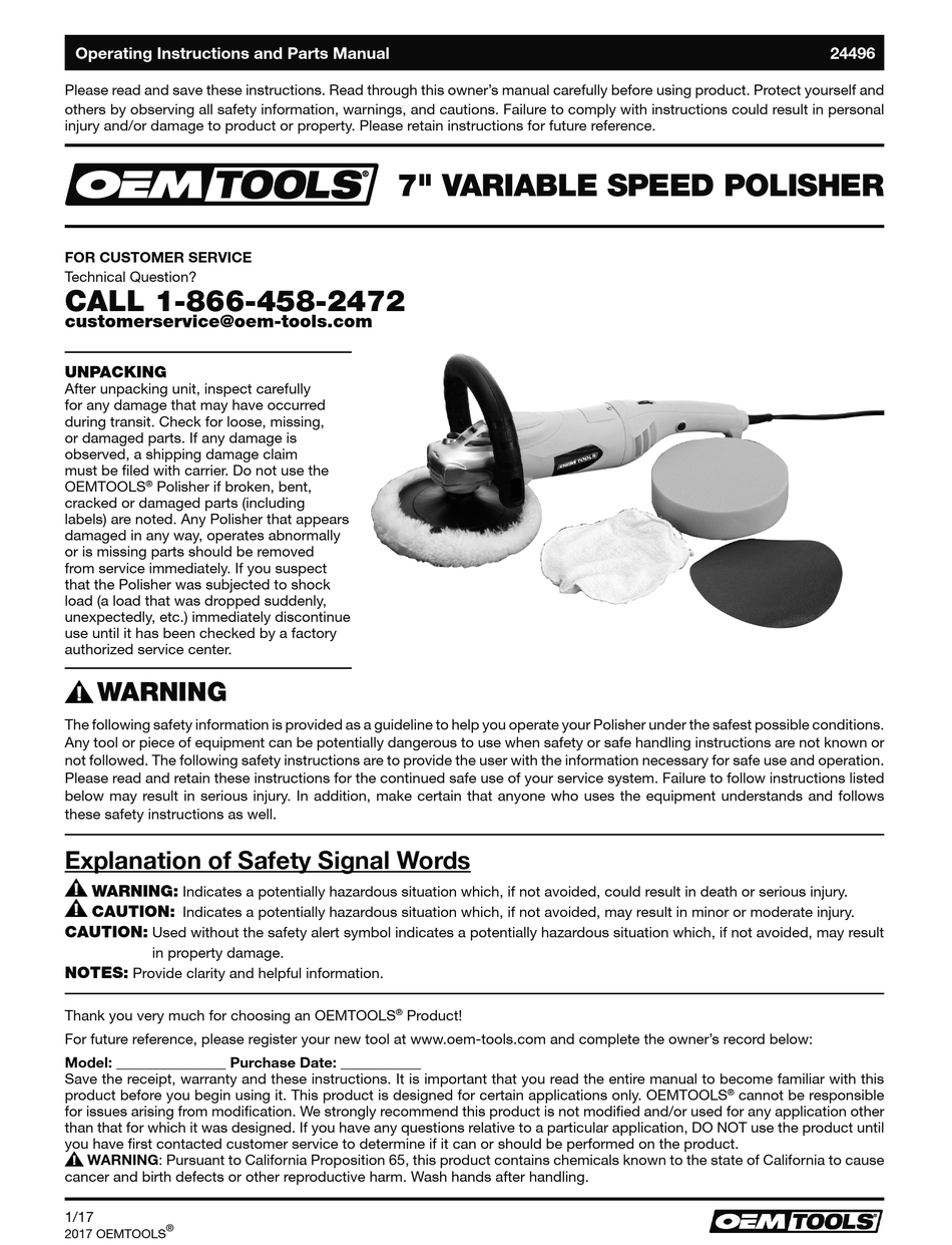 OEM TOOLS 24496 OPERATING INSTRUCTIONS AND PARTS MANUAL Pdf Download