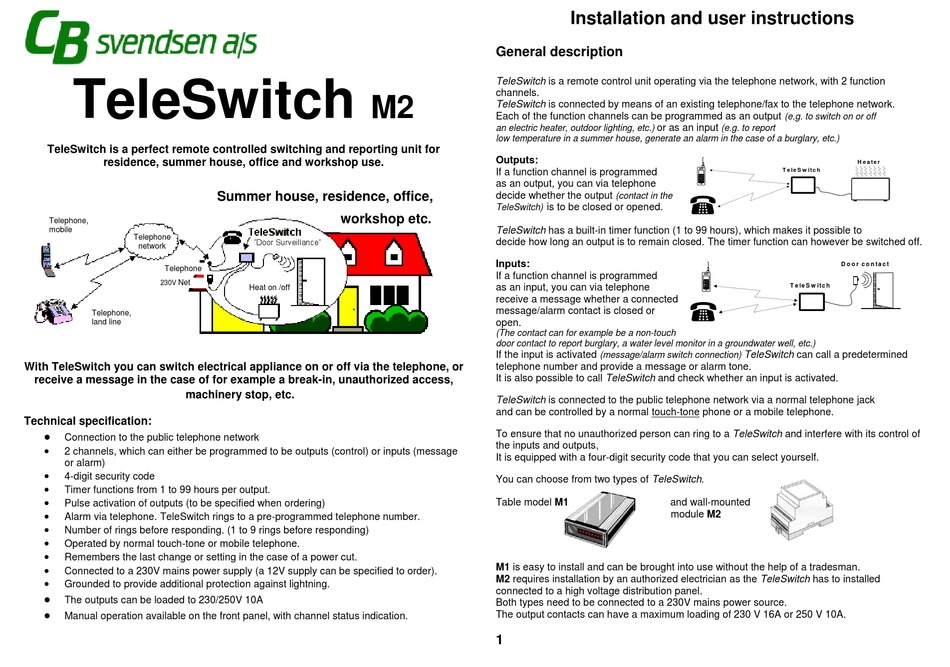 CB SVENDSEN TELESWITCH M2 INSTALLATION AND USER INSTRUCTIONS Pdf
