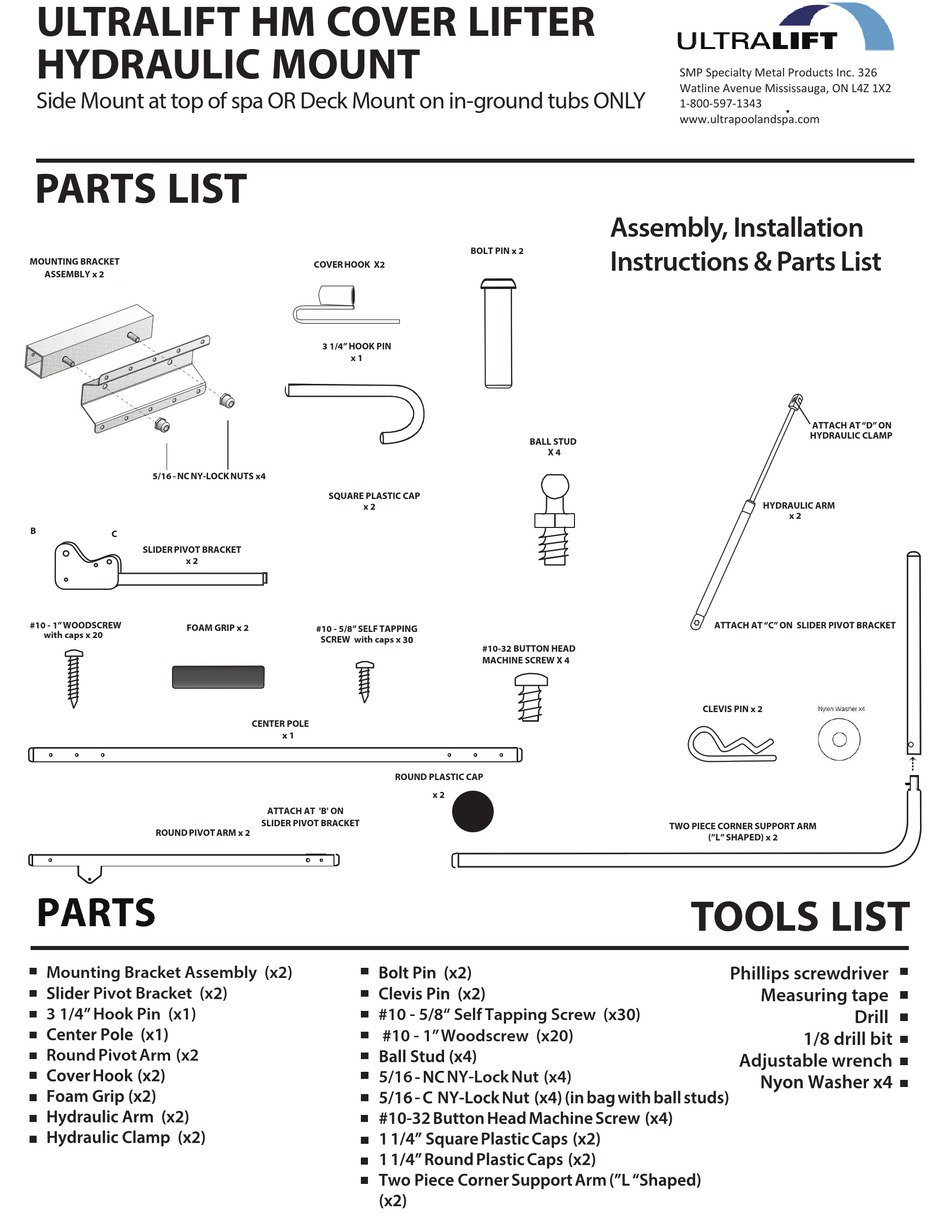 SPECIALTY METAL PRODUCTS ULTRALIFT HM COVER LIFTER HYDRAULIC MOUNT
