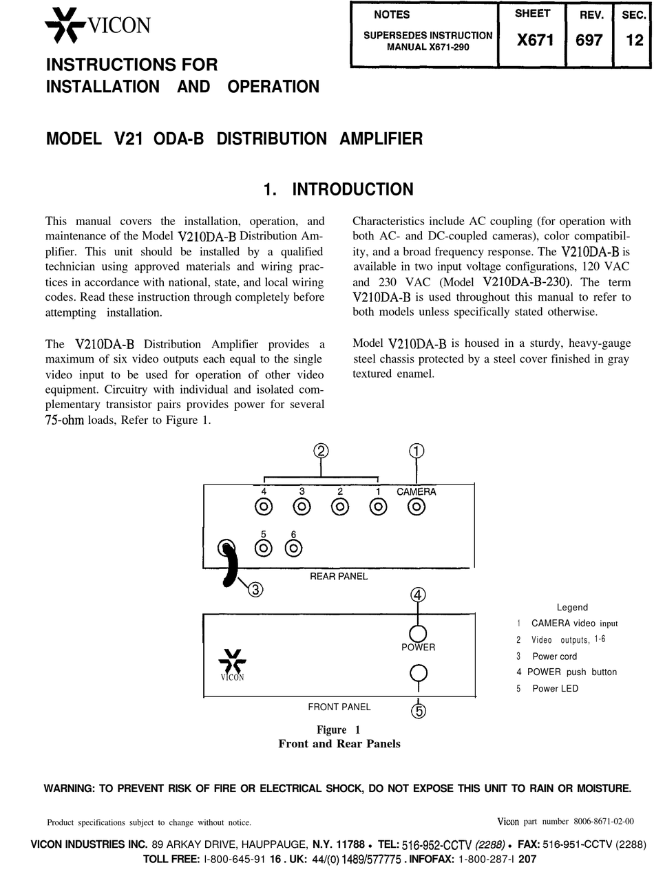 VICON V21 ODA-B AMPLIFIER INSTRUCTIONS FOR INSTALLATION AND OPERATION ...