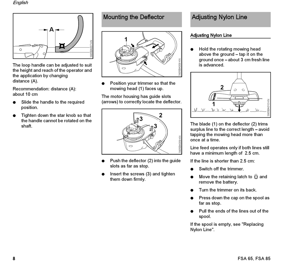 Mounting The Deflector; Adjusting Nylon Line - Stihl FSA 65 Instruction  Manual [Page 10]