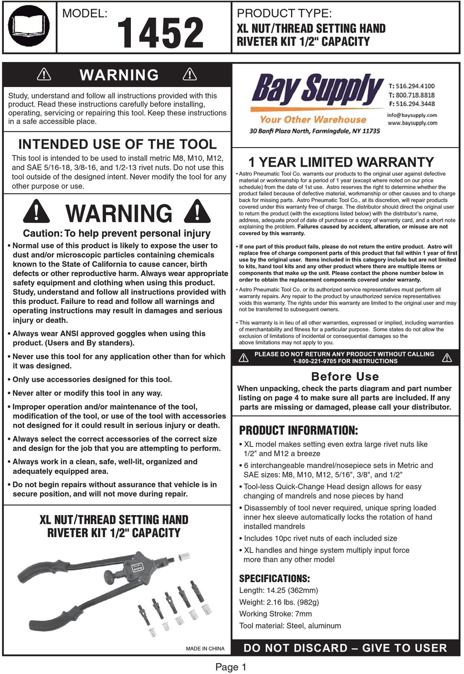 BAY SUPPLY 1452 TOOL MANUAL ManualsLib