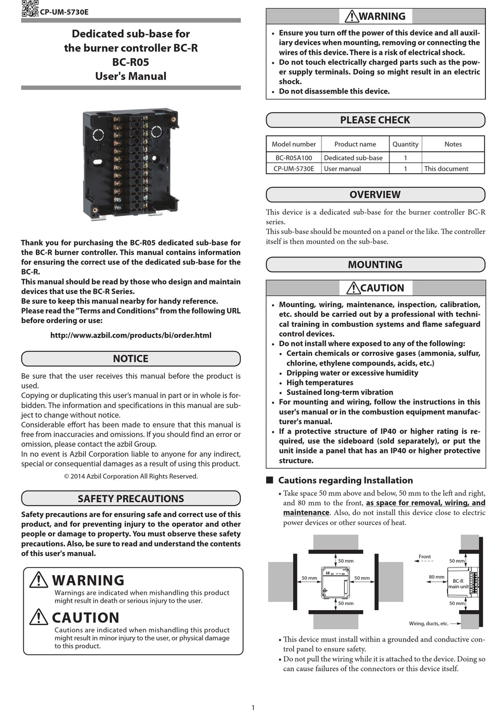 AZBIL BC-R05A100 INDUSTRIAL ELECTRICAL USER MANUAL | ManualsLib