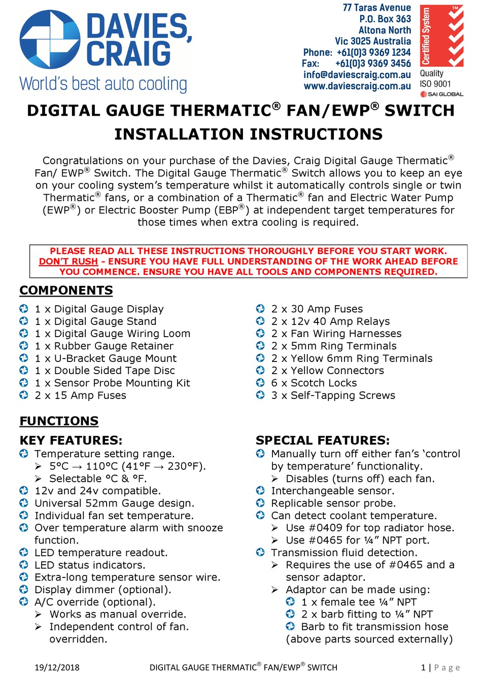 DAVIES CRAIG 0500 SWITCH INSTALLATION INSTRUCTIONS MANUAL | ManualsLib
