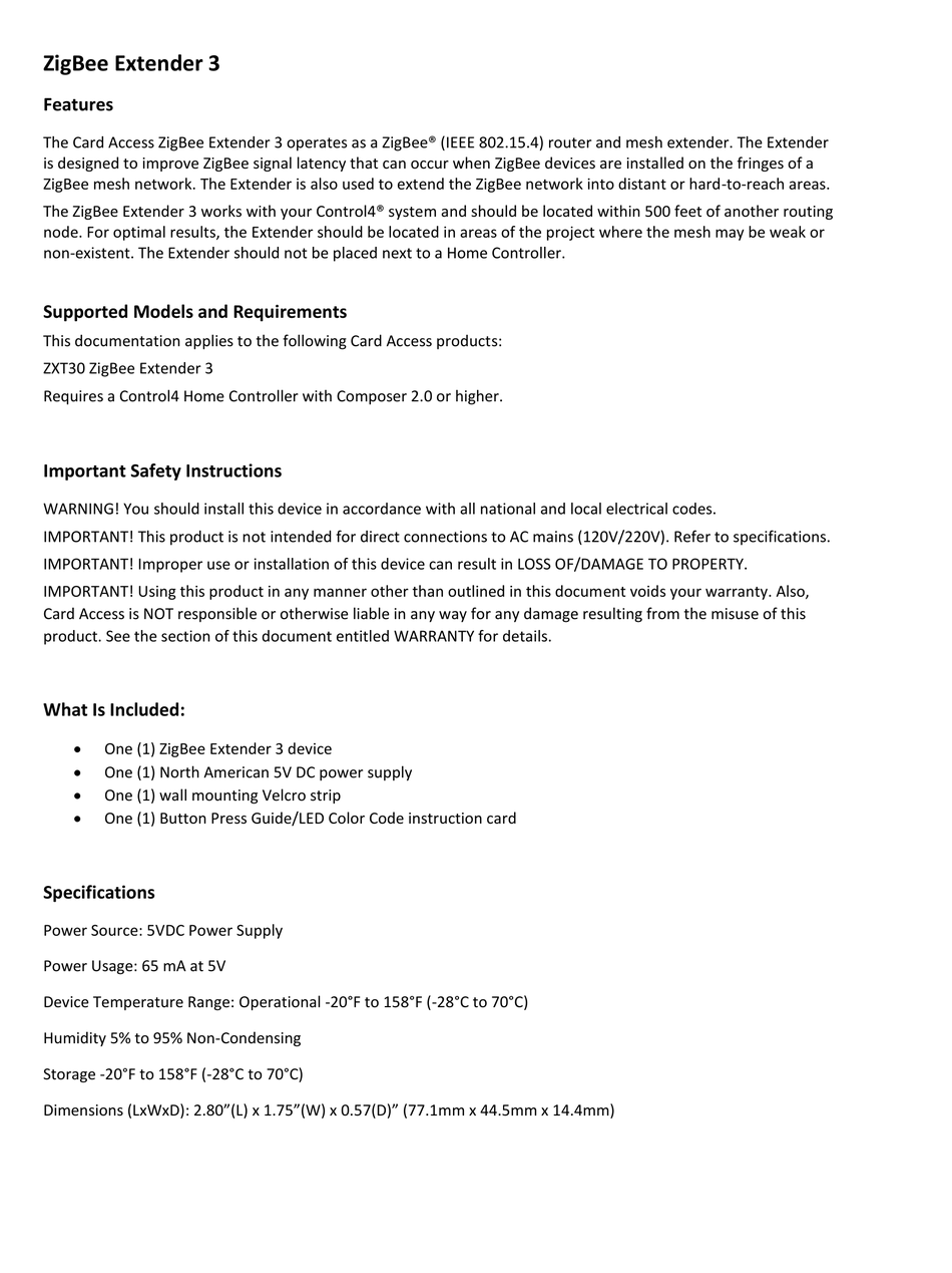 Control 4 Zxt30 Zigbee Extender 3 Extender Manual 