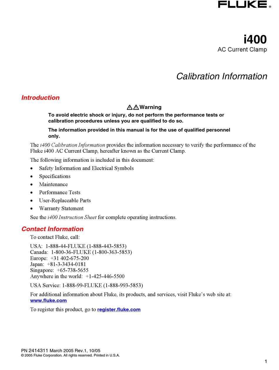 FLUKE I400 CALIBRATION INFORMATION MANUAL Pdf Download ManualsLib