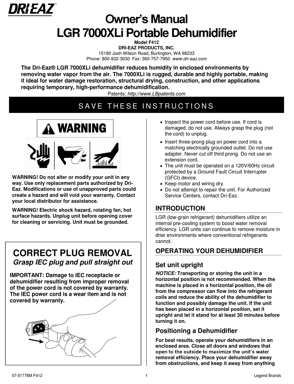 DRIEAZ LGR 7000XLI DEHUMIDIFIER OWNER