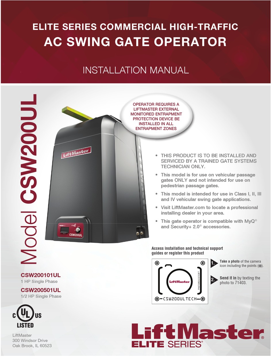 CHAMBERLAIN ELITE CSW200501UL GATE OPENER INSTALLATION MANUAL | ManualsLib