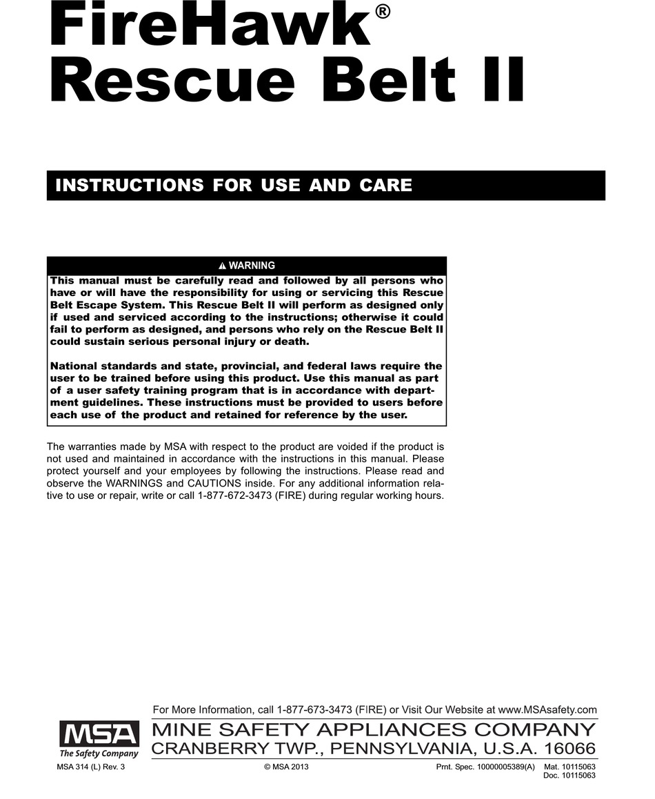 MSA FIREHAWK RESCUE BELT II SECURITY SENSOR INSTRUCTIONS FOR USE MANUAL ...