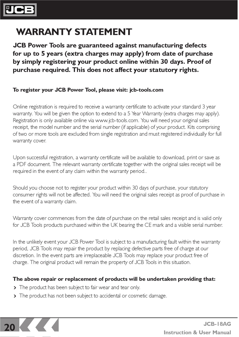 Warranty Statement; Terms - jcb -18AG Instructions & User's Manual