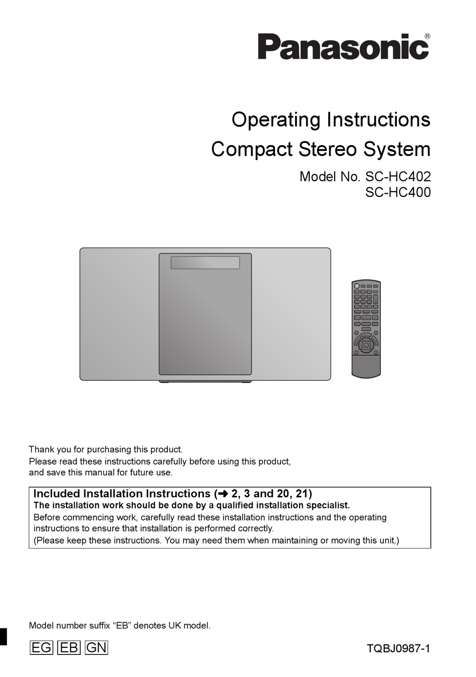 PANASONIC SC-HC402 STEREO SYSTEM OPERATING INSTRUCTIONS MANUAL