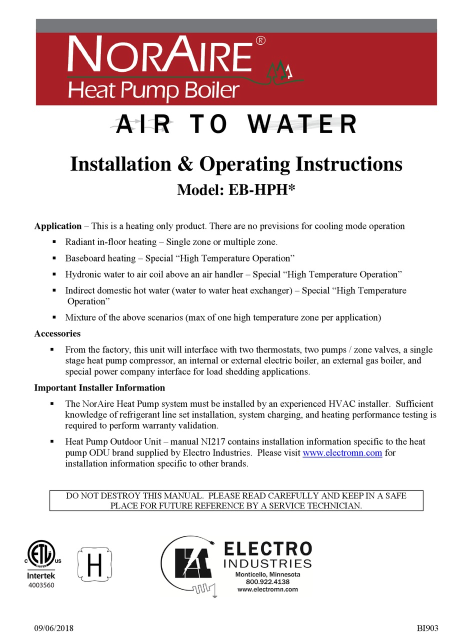 NORAIRE EBHPH SERIES HEAT PUMP INSTALLATION & OPERATING INSTRUCTIONS