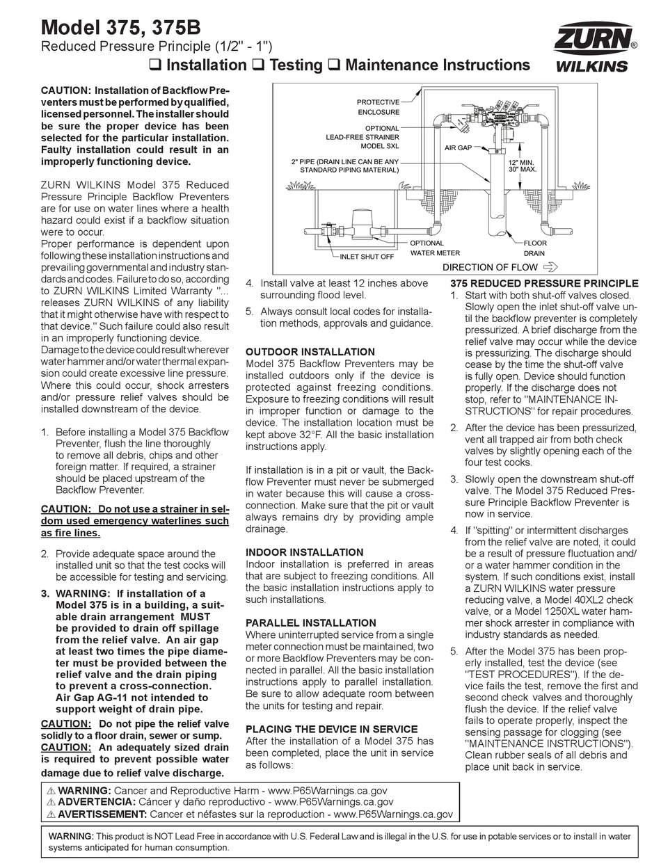 ZURN WILKINS 375 INSTALLATION, TESTING, MAINTENANCE INSTRUCTIONS Pdf ...