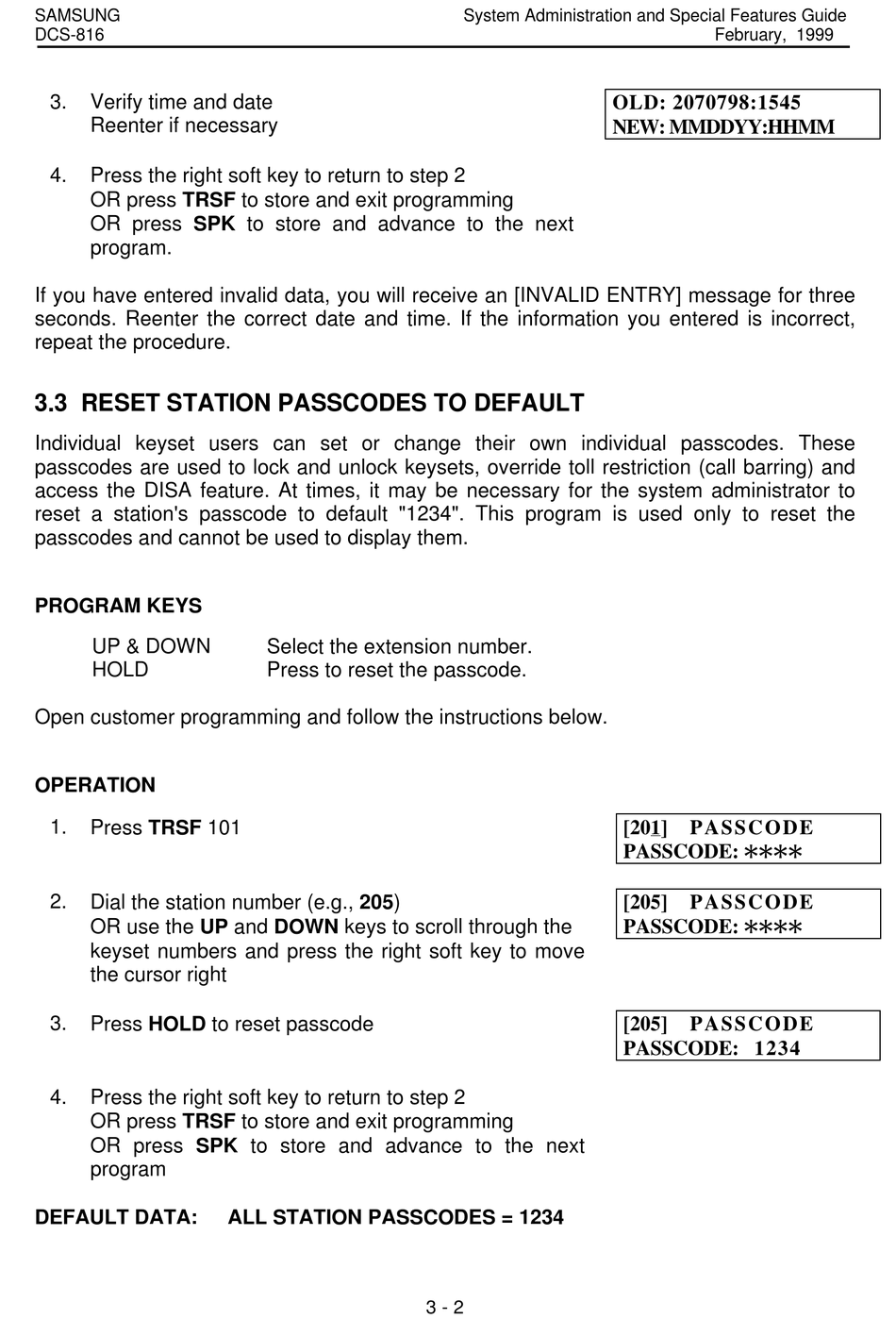 Reset Station Passcodes To Default - Samsung DCS-816 Programming Manual  [Page 297] | ManualsLib