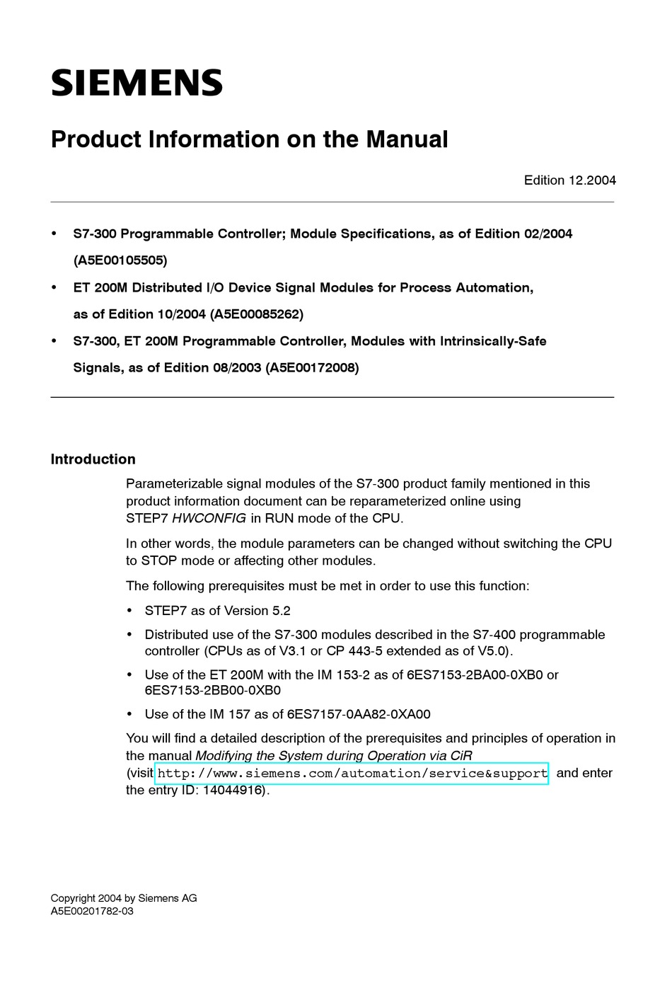 SIEMENS S7-300 SERIES CONTROLLER PRODUCT INFORMATION | ManualsLib