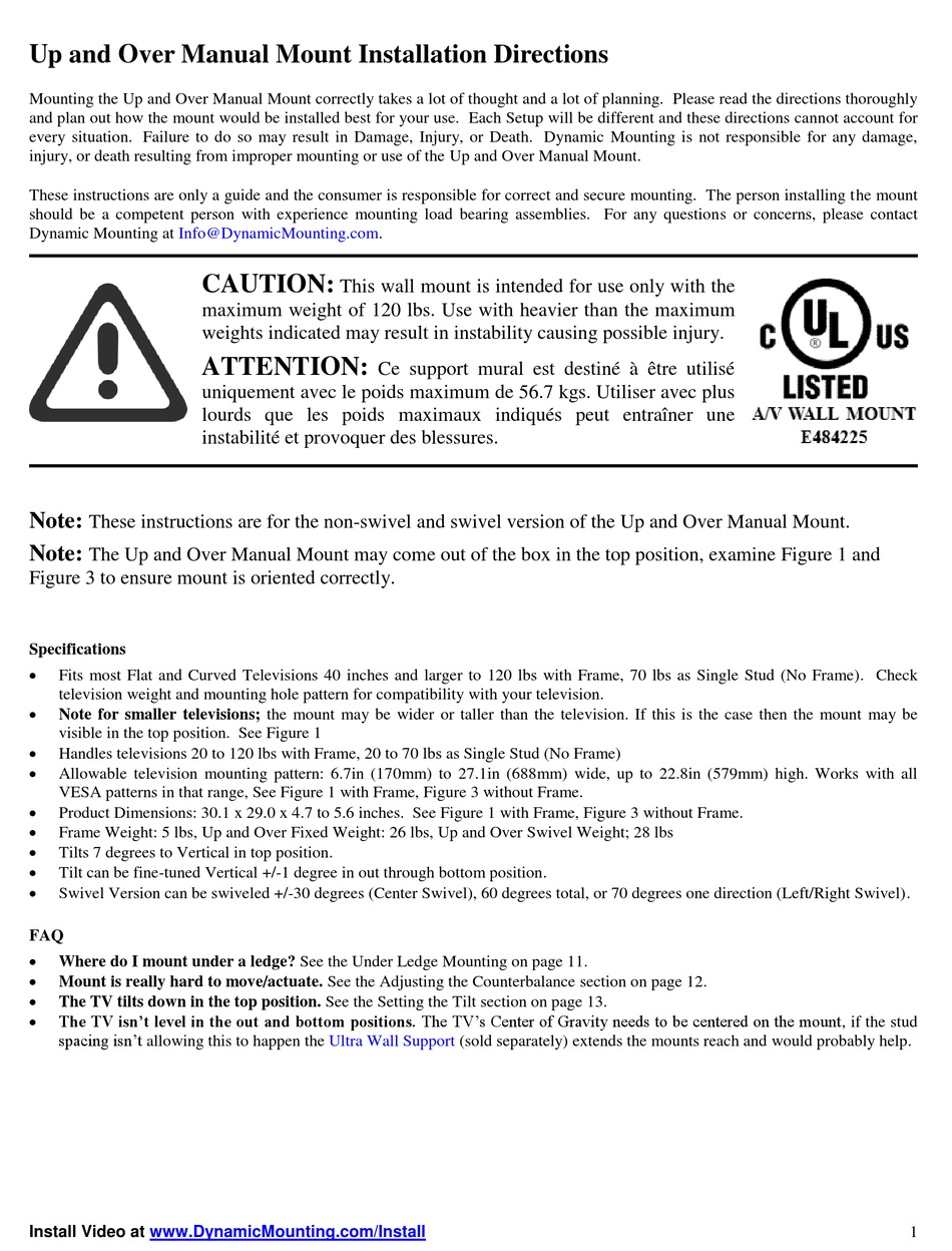 DYNAMIC MOUNTING UP AND OVER MANUAL MOUNT INSTALLATION DIRECTIONS ...