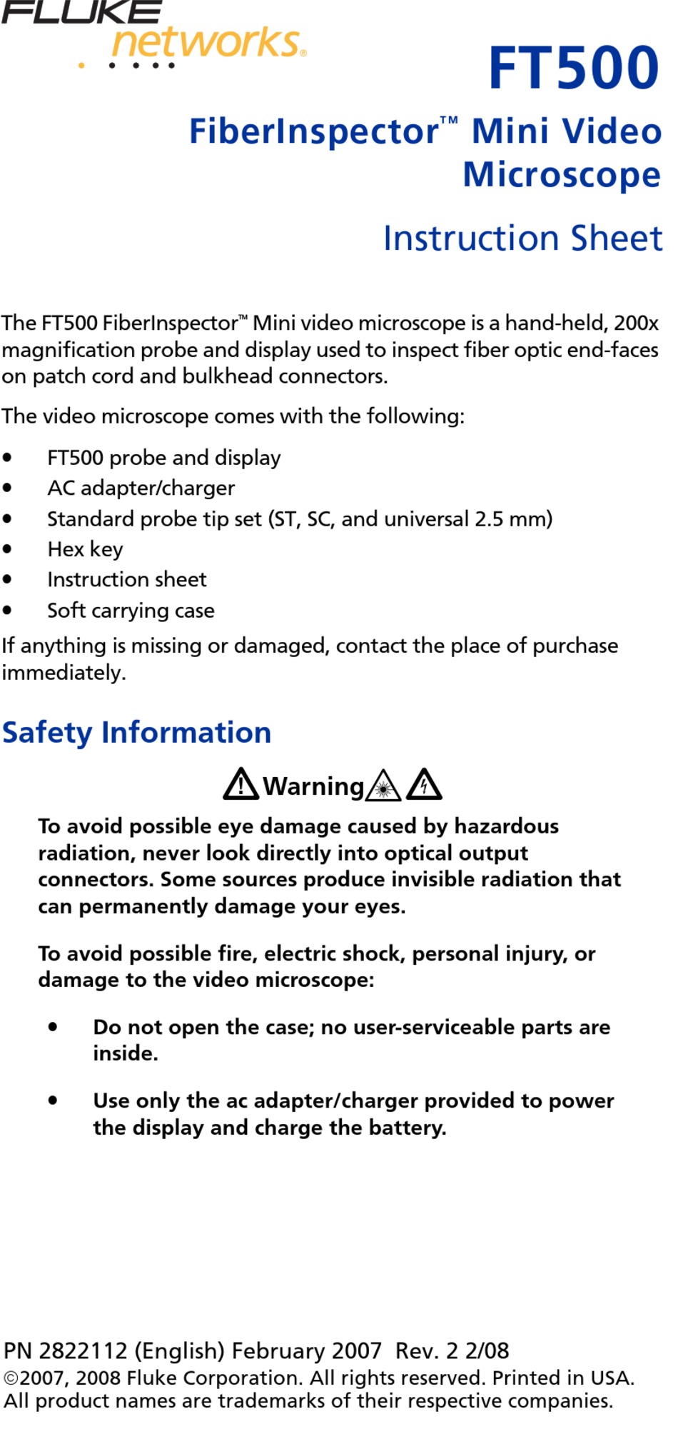 FLUKE FIBERINSPECTOR FT500 INSTRUCTION SHEET Pdf Download | ManualsLib