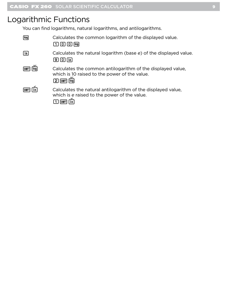 Logarithmic Functions Casio Fx 260 Training Manual Page 10 Manualslib