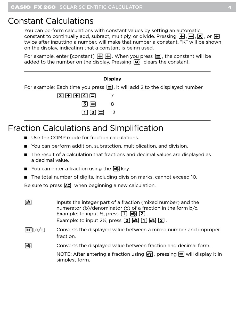 Constant Calculations Fraction Calculations And Simplification Casio Fx 260 Training Manual Page 5 Manualslib