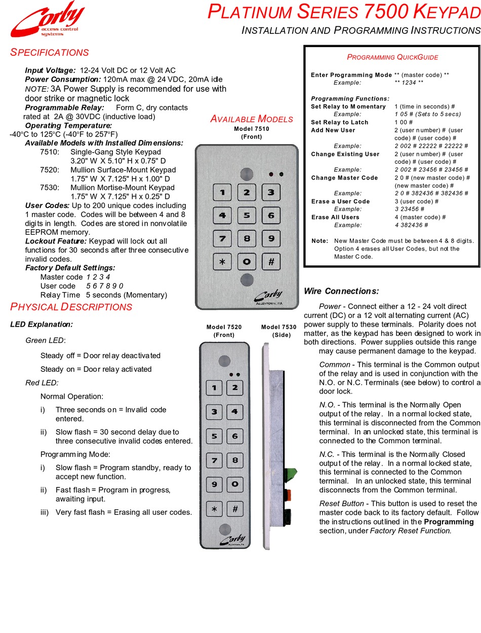 CORBY PLATINUM 7500 SERIES INSTALLATION AND PROGRAMMING INSTRUCTIONS ...