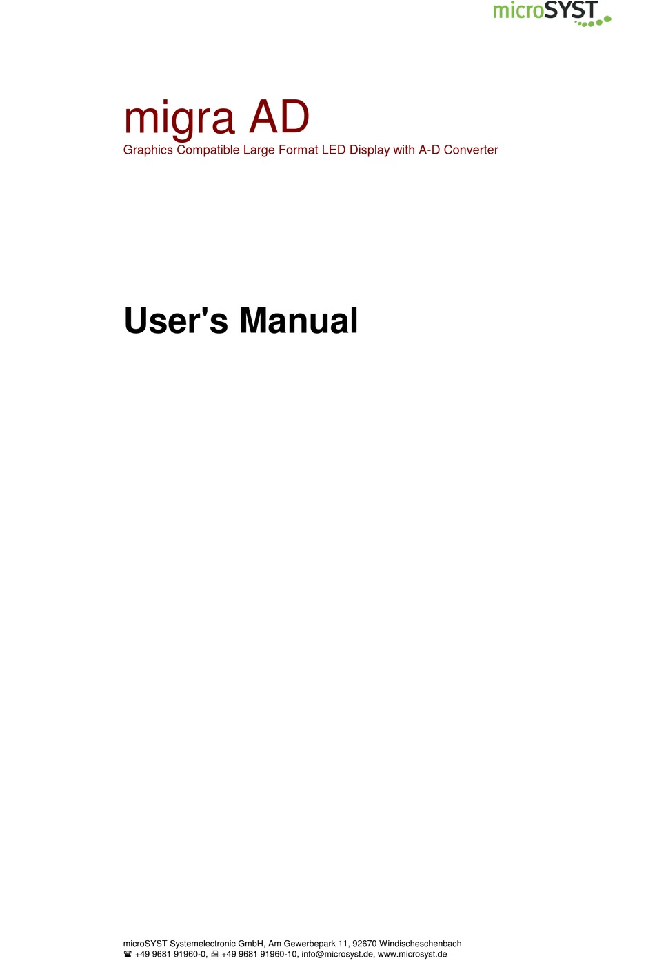 MICROSYST MIGRA AD USER MANUAL Pdf Download | ManualsLib