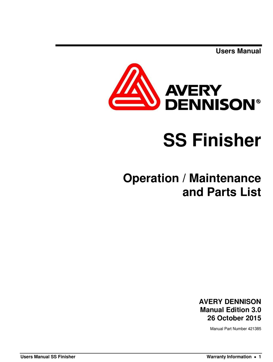 AVERY DENNISON SS FINISHER USER MANUAL Pdf Download ManualsLib