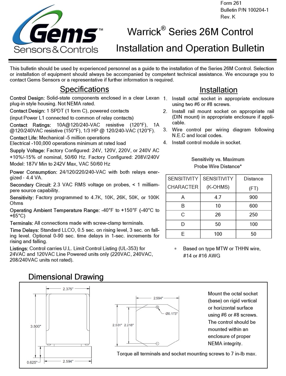 GEMS SENSORS & CONTROLS WARRICK 26M SERIES INSTALLATION AND OPERATION ...