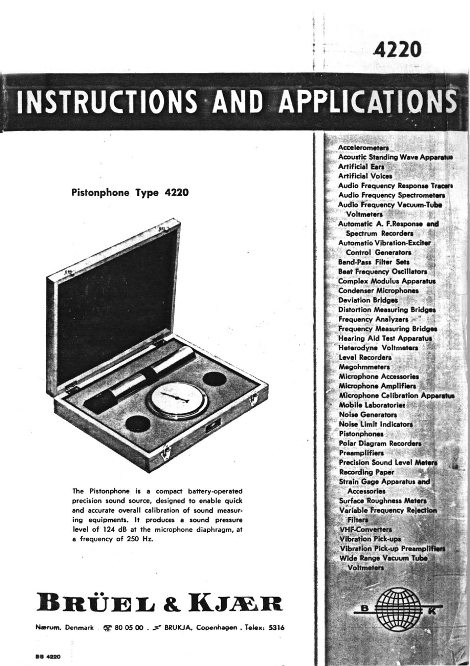 Bruel & Kjaer 4220 Pistonphone Calibrator Operating & Service Manual 