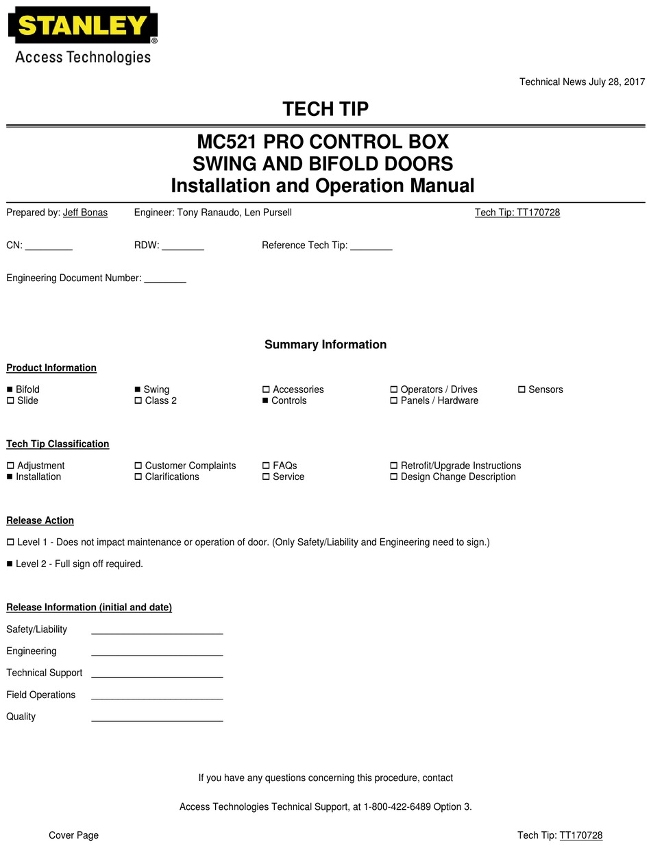 STANLEY MC521 PRO INSTALLATION AND OPERATION MANUAL Pdf Download