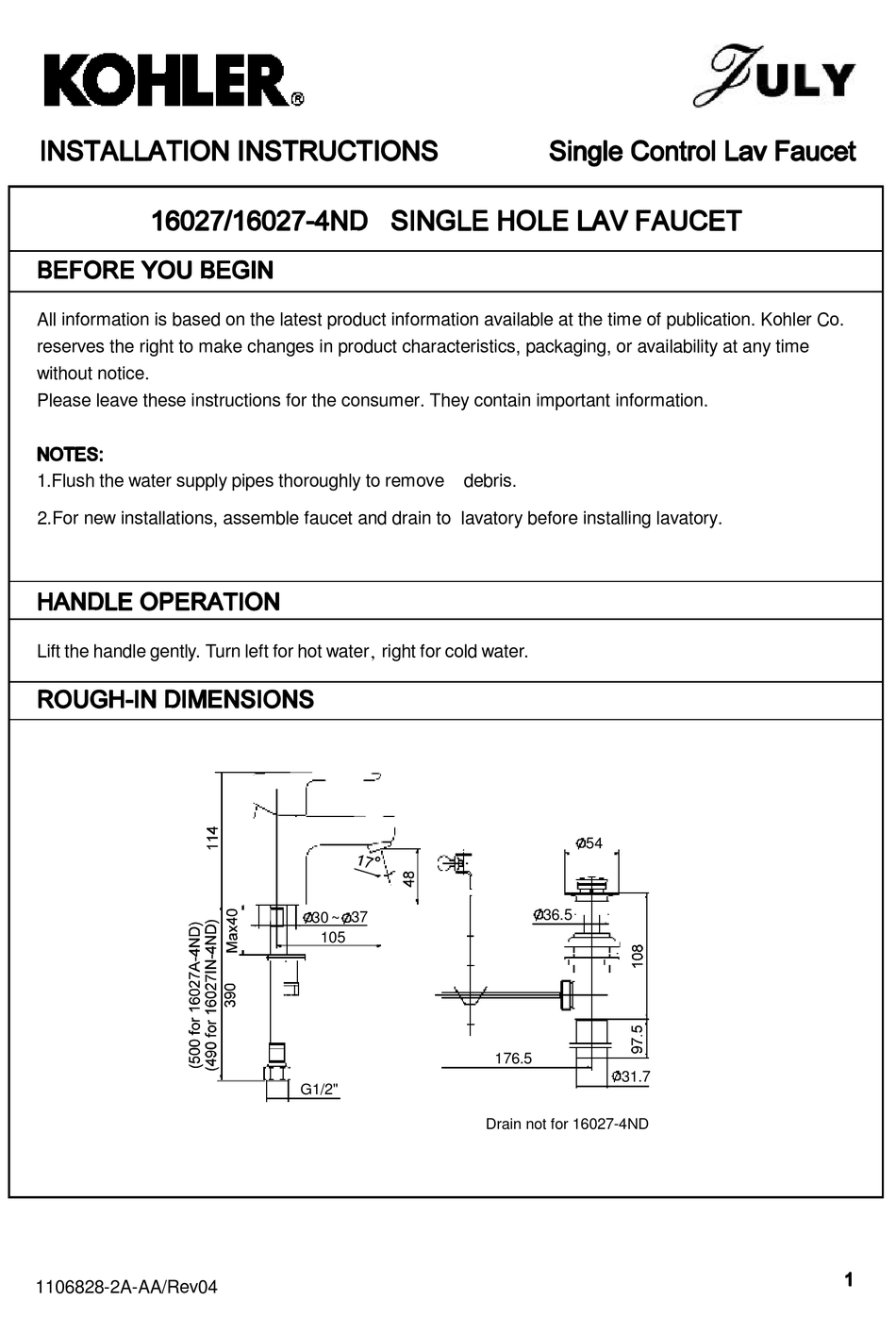 KOHLER JULY 16027 INSTALLATION INSTRUCTIONS Pdf Download ManualsLib   1 July 16027 