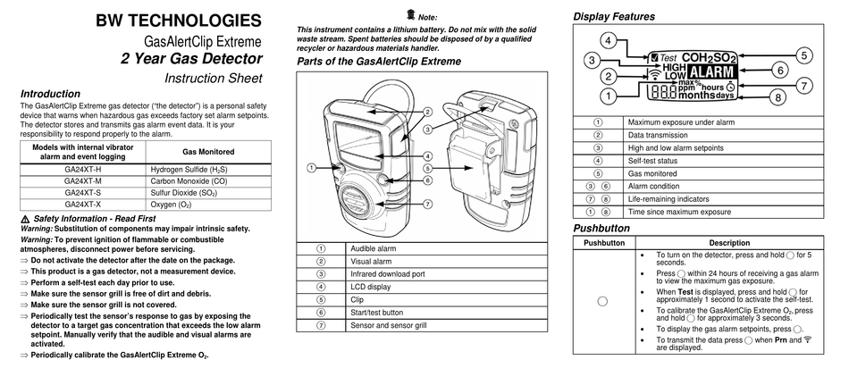 BW TECHNOLOGIES GA24XT-H INSTRUCTION SHEET Pdf Download | ManualsLib