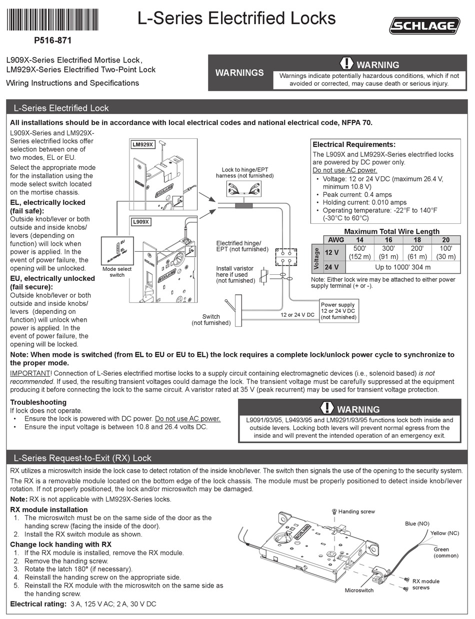 SCHLAGE L SERIES WIRING INSTRUCTIONS AND SPECIFICATIONS Pdf Download