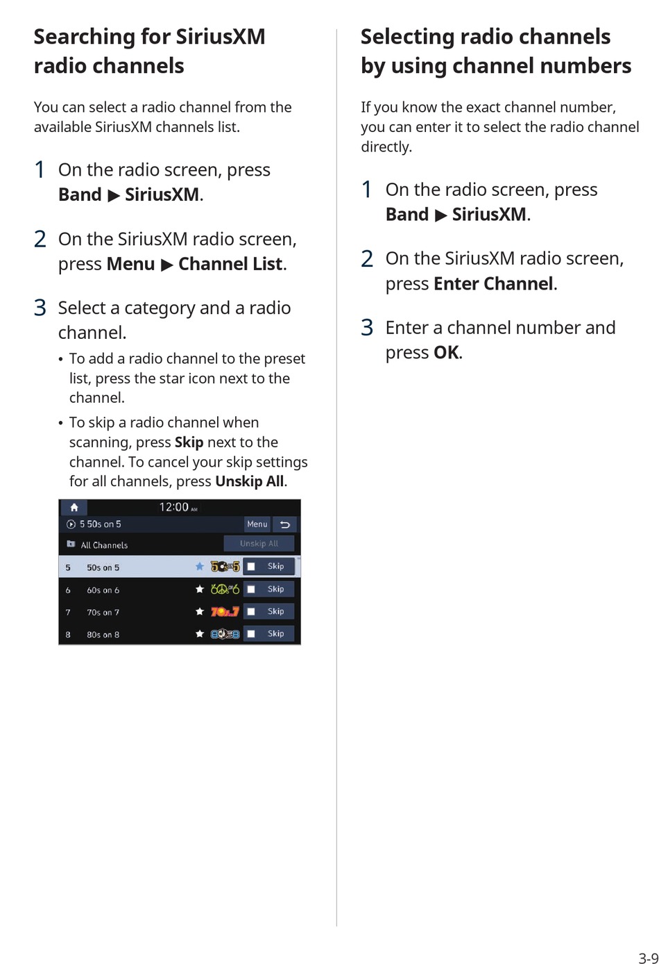 Searching For Siriusxm Radio Channels; Selecting Radio Channels By Using  Channel Numbers - Hyundai Sonata 2020 Quick Reference Manual [Page 55] |  ManualsLib