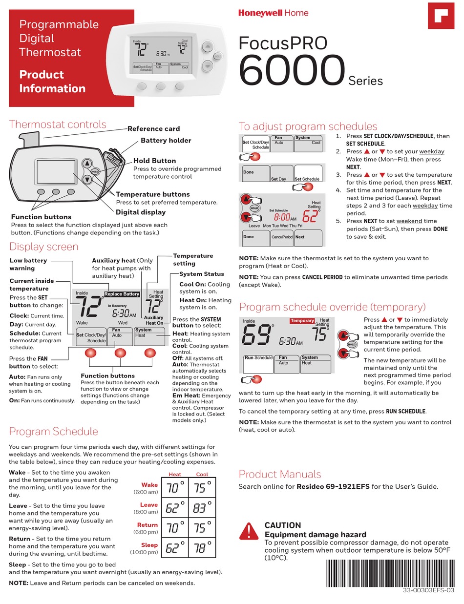 HONEYWELL HOME FOCUSPRO 6000 SERIES PRODUCT INFORMATION Pdf Download
