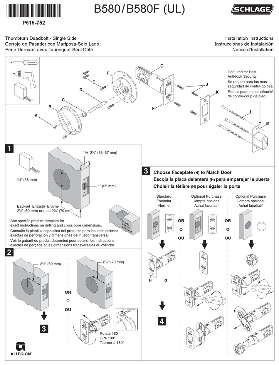 SCHLAGE B580 INSTALLATION INSTRUCTIONS Pdf Download | ManualsLib