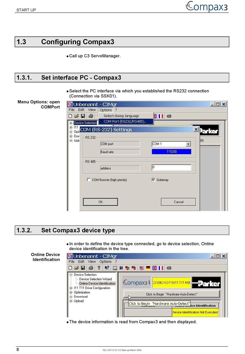 Configuring ; Set Interface Pc ; Set Device Type Parker Compax3